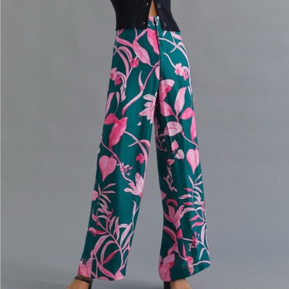 Anthropologie Tropical Floral Breezy Printed Straight Wide Leg Pants - Picture 1 of 14